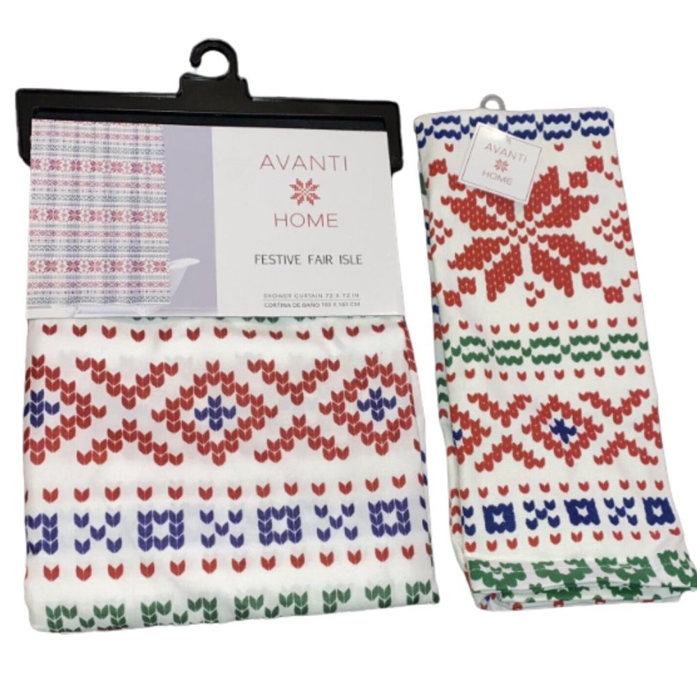 Fair Isle Christmas Shower Curtain and Hand Towel Holiday Bathroom Bath